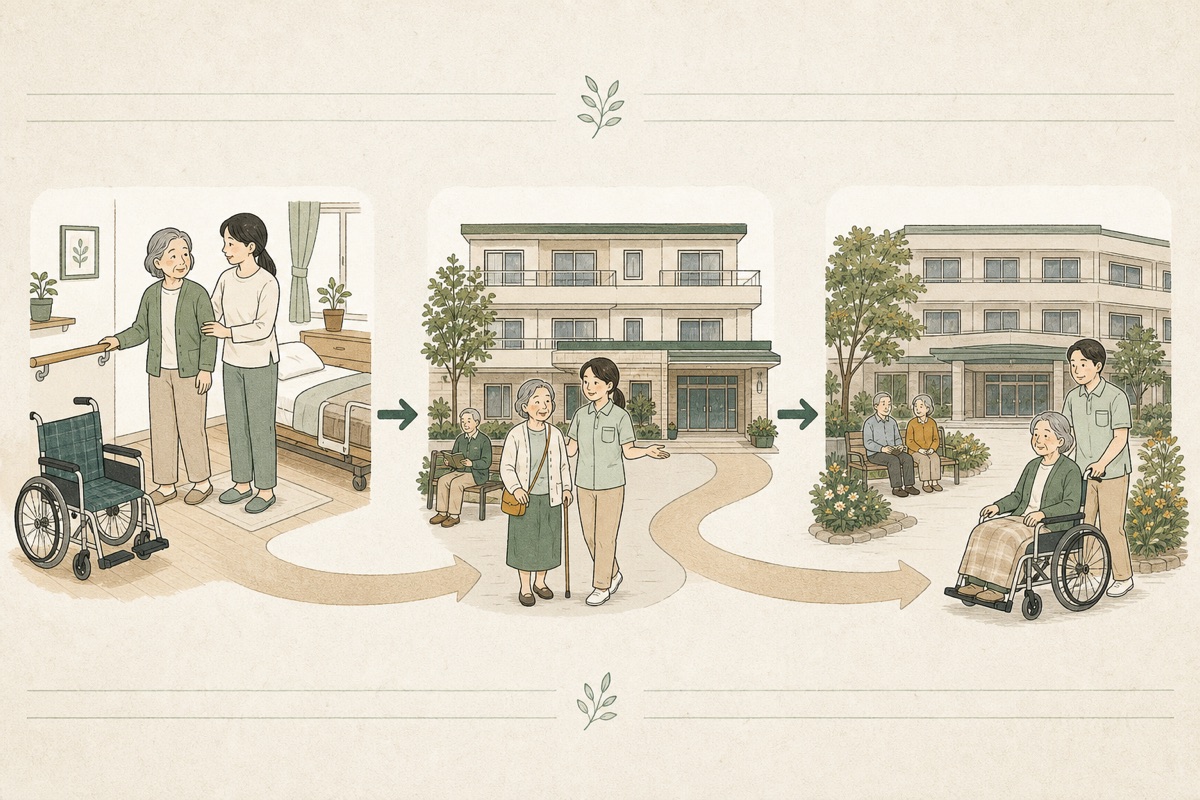 在宅介護から高齢者向け住宅を経て介護施設へ移る流れ